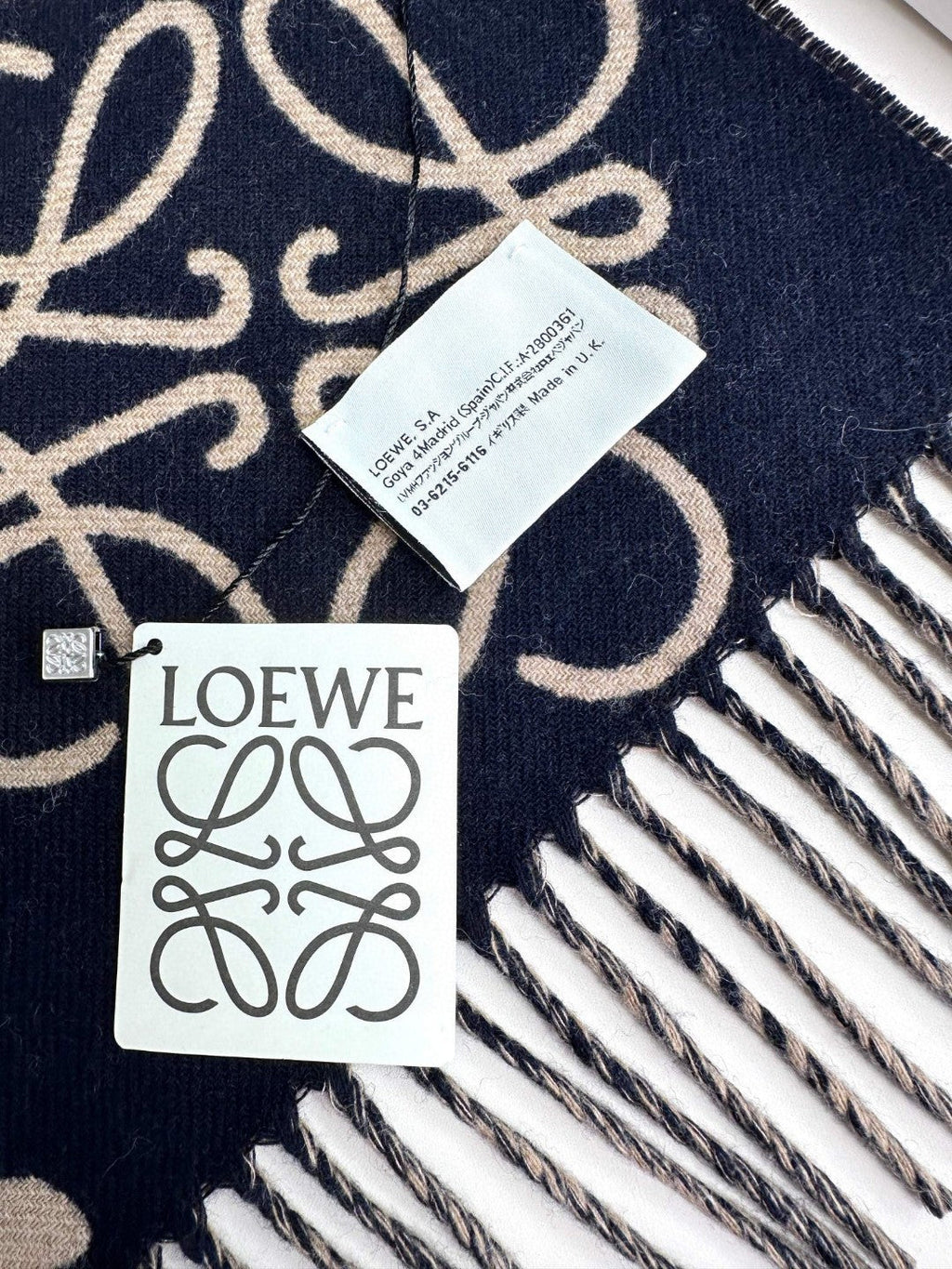 LOEWE ANAGRAM SCARF 180 CM IN BLACK MIX CAMEL BEIGE WOOL AND CASHMERE 410167