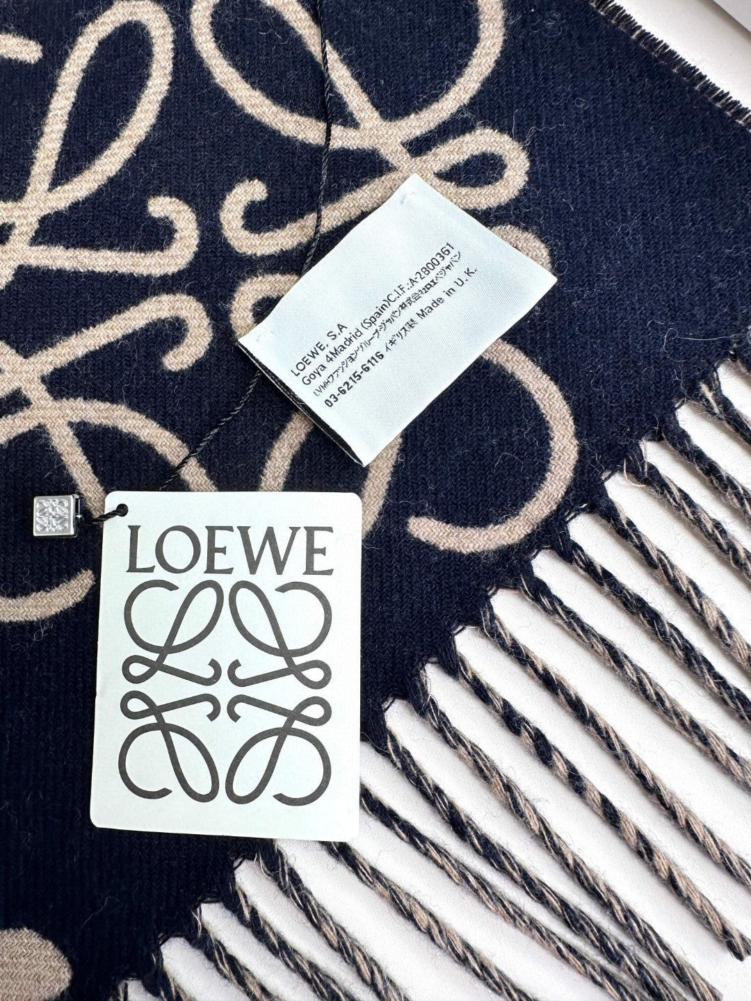 LOEWE ANAGRAM SCARF 180 CM IN BLACK MIX CAMEL BEIGE WOOL AND CASHMERE 410167