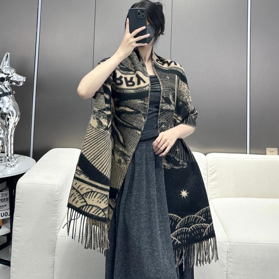 BURBERRY REVERSIBLE EKD SCARF 210 CM IN BLACK MIX CAMEL BEIGE CASHMERE 410182