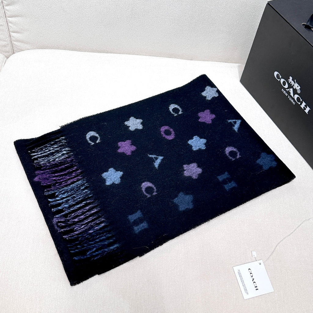 COACH STARS AND STRIPES PRINT SCARF 183 CM IN BLACK AND COLORFUL COTTON WOOL 410184