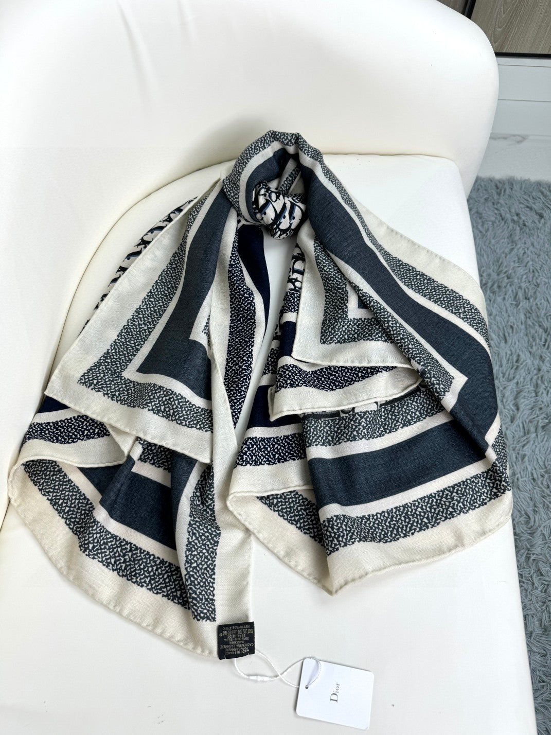 DIOR MONOGRAM SQUARE SCARF 140 CM IN BLACK MIX WHITE  CASHMERE AND SILK 413742