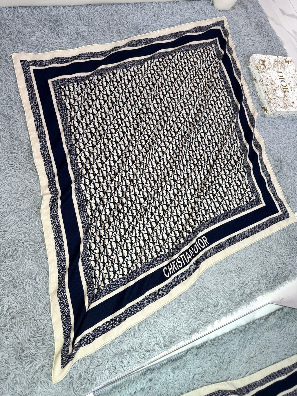 DIOR MONOGRAM SQUARE SCARF 140 CM IN BLACK MIX WHITE  CASHMERE AND SILK 413742