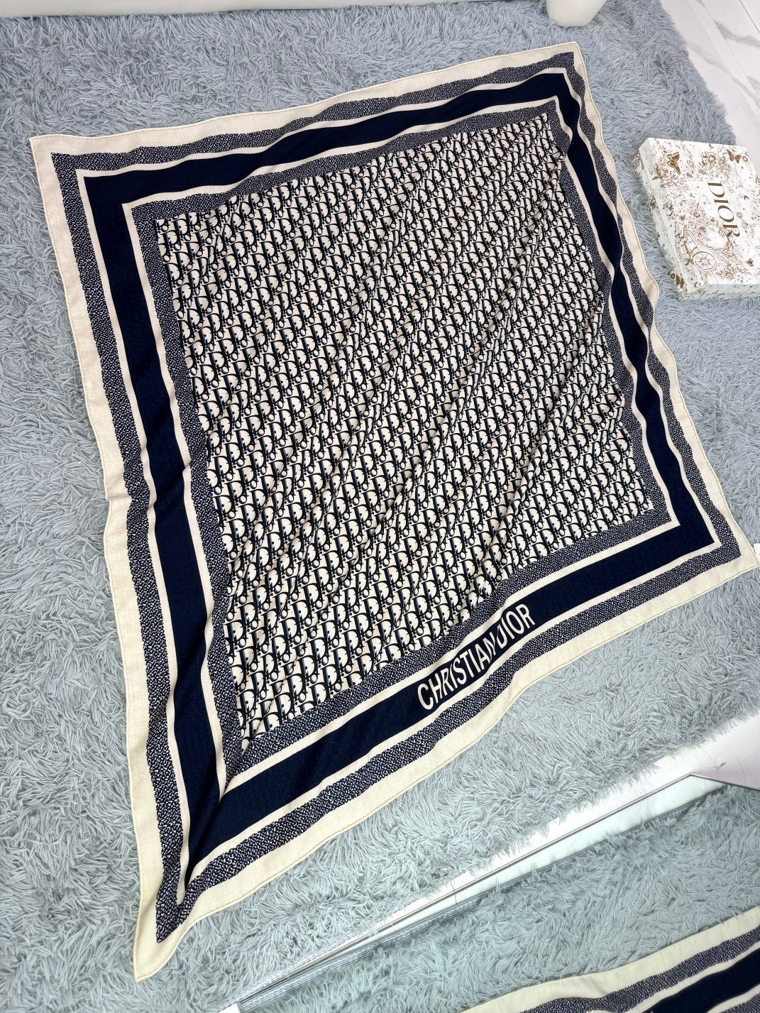 DIOR MONOGRAM SQUARE SCARF 140 CM IN BLACK MIX WHITE  CASHMERE AND SILK 413742