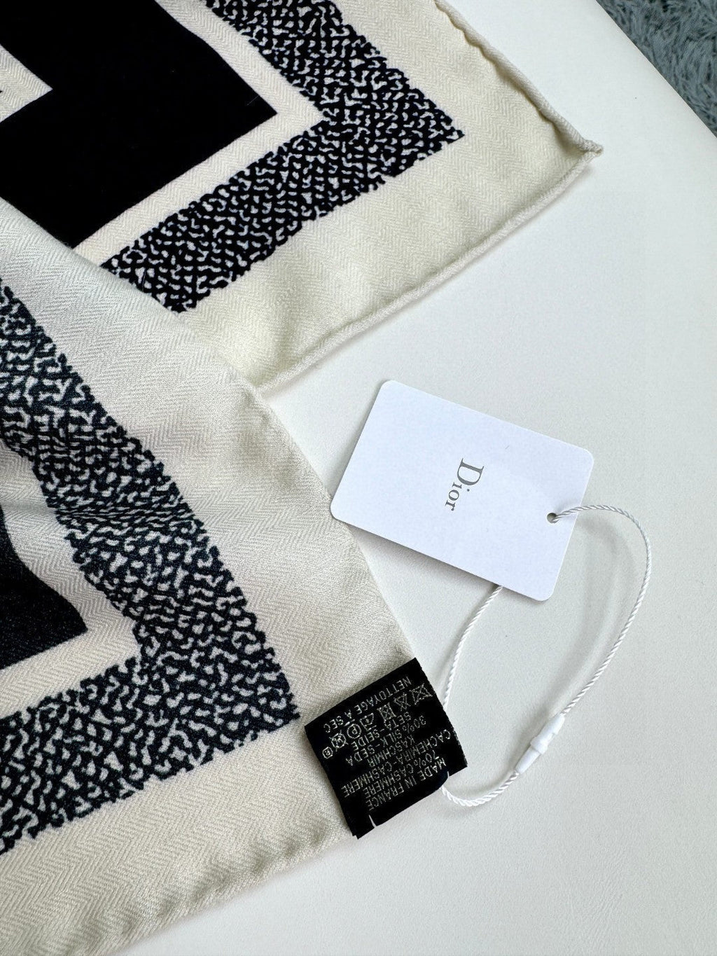 DIOR MONOGRAM SQUARE SCARF 140 CM IN BLACK MIX WHITE  CASHMERE AND SILK 413742