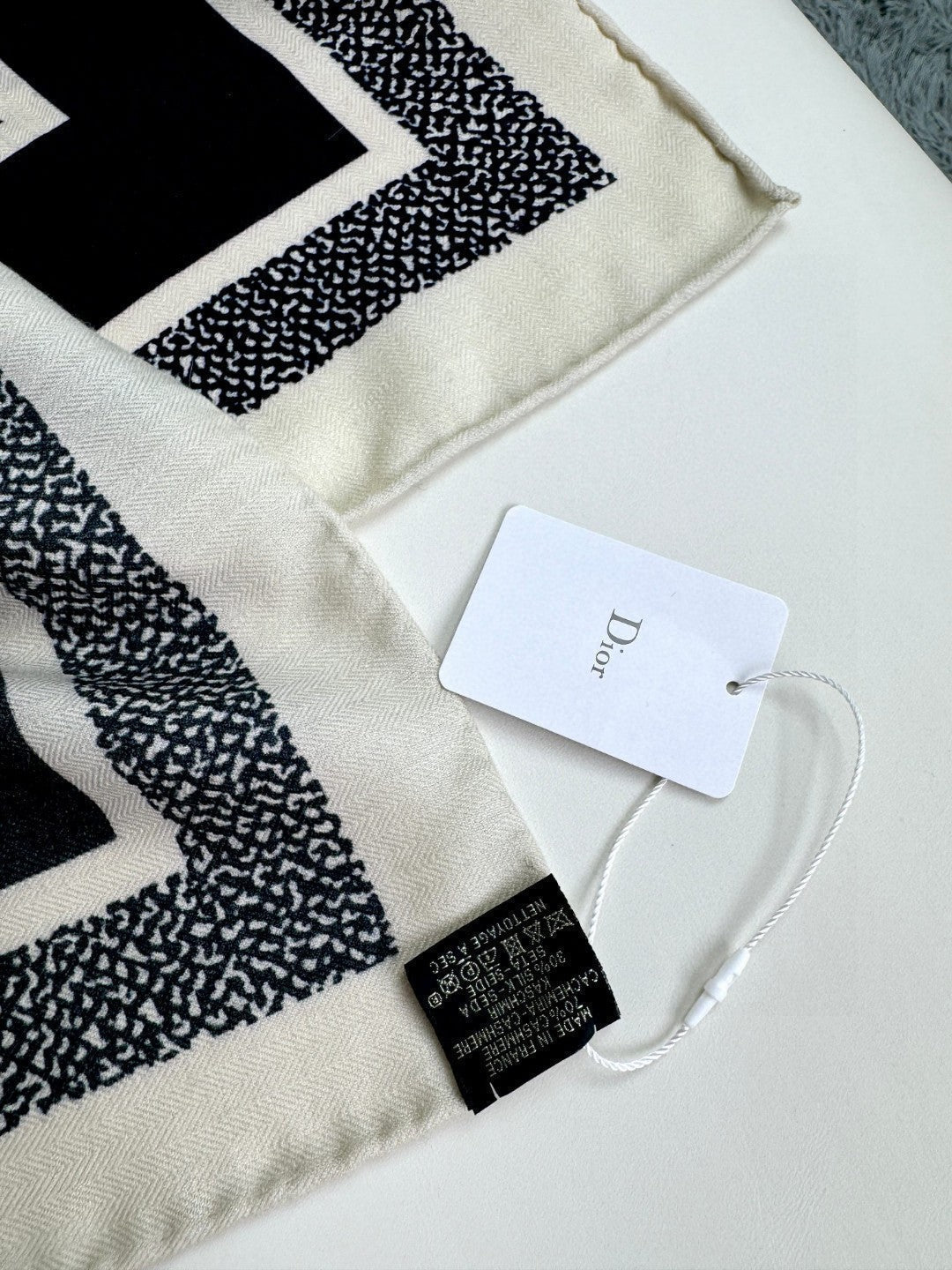 DIOR MONOGRAM SQUARE SCARF 140 CM IN BLACK MIX WHITE  CASHMERE AND SILK 413742