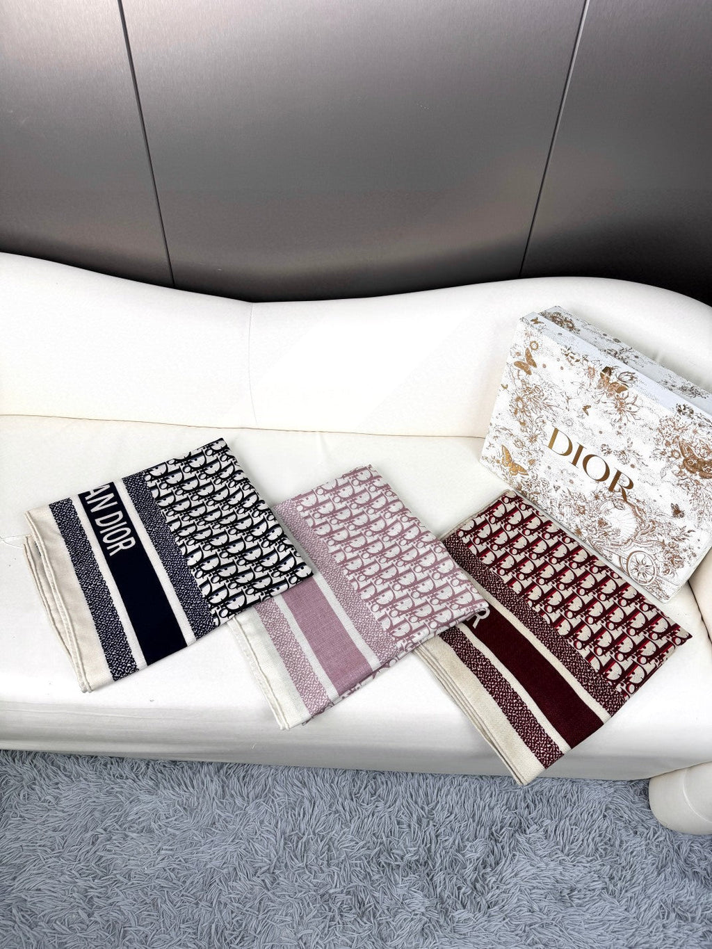DIOR MONOGRAM SQUARE SCARF 140 CM IN BLACK MIX WHITE  CASHMERE AND SILK 413742