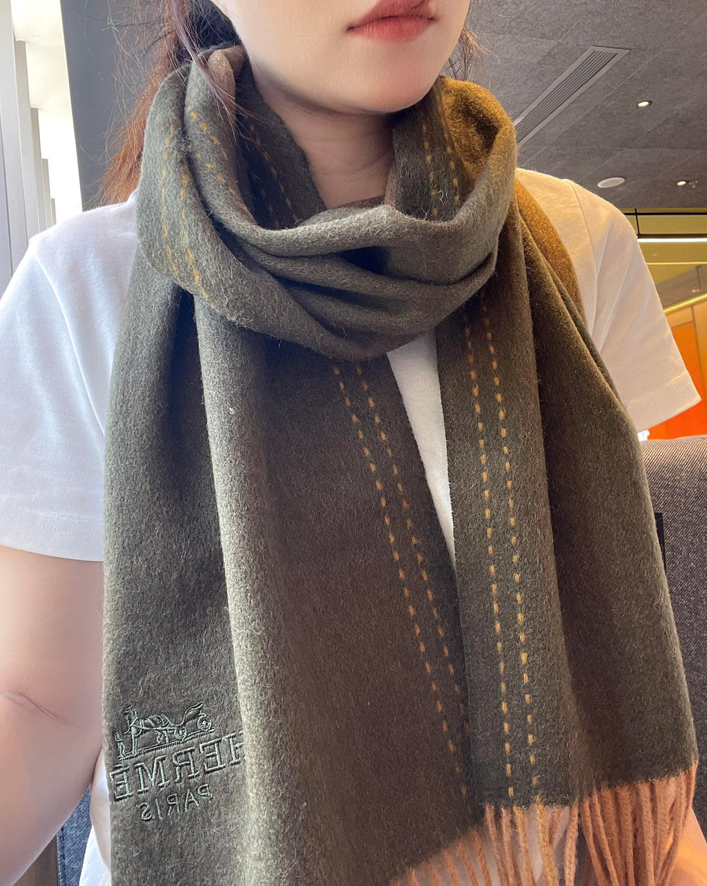 HERMES SCARF 180CM OLIVE GREEN CASERE