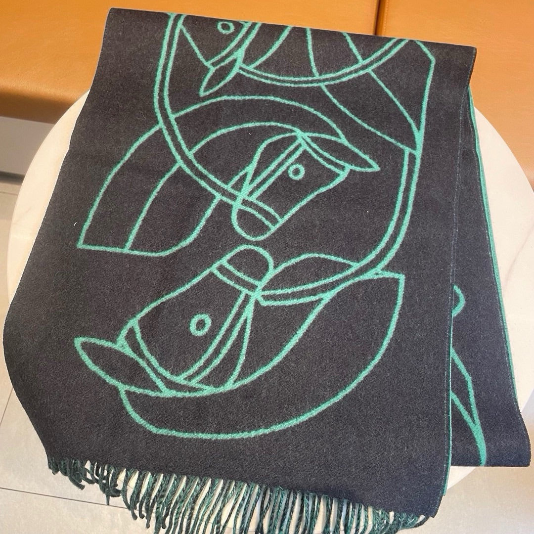 HERMES CASAQUE ENTRELACS EQUESTRES 190 CM SCARF IN PERSLAN GREEN CASERE