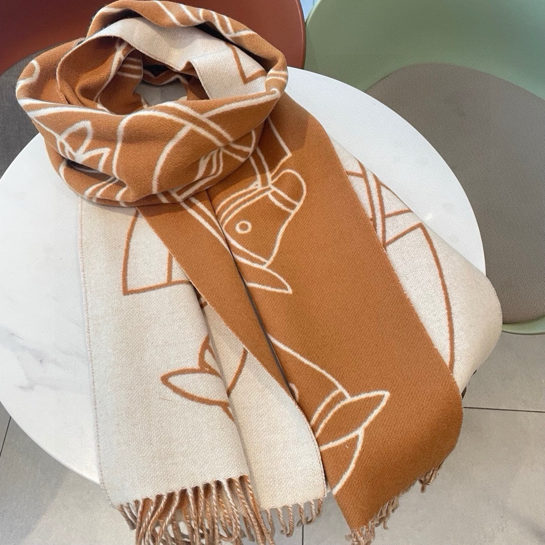 HERMES CASAQUE ENTRELACS EQUESTRES 190 CM SCARF IN COPPER BROWN CASERE