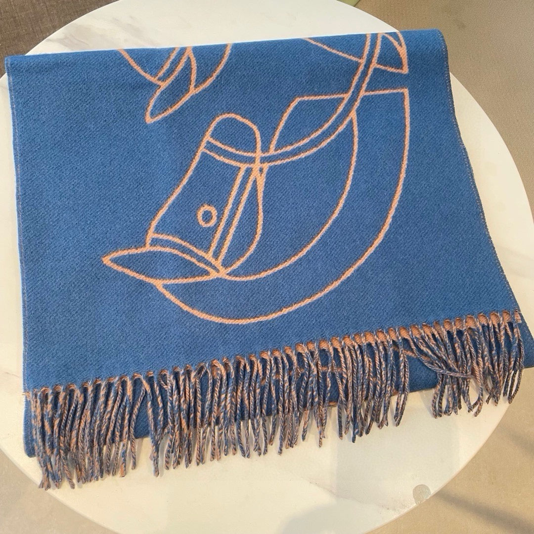 HERMES CASAQUE ENTRELACS EQUESTRES 190 CM SCARF IN AZURE BLUE CASERE
