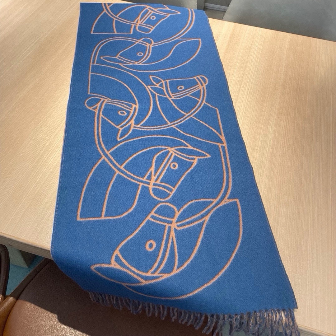 HERMES CASAQUE ENTRELACS EQUESTRES 190 CM SCARF IN AZURE BLUE CASERE