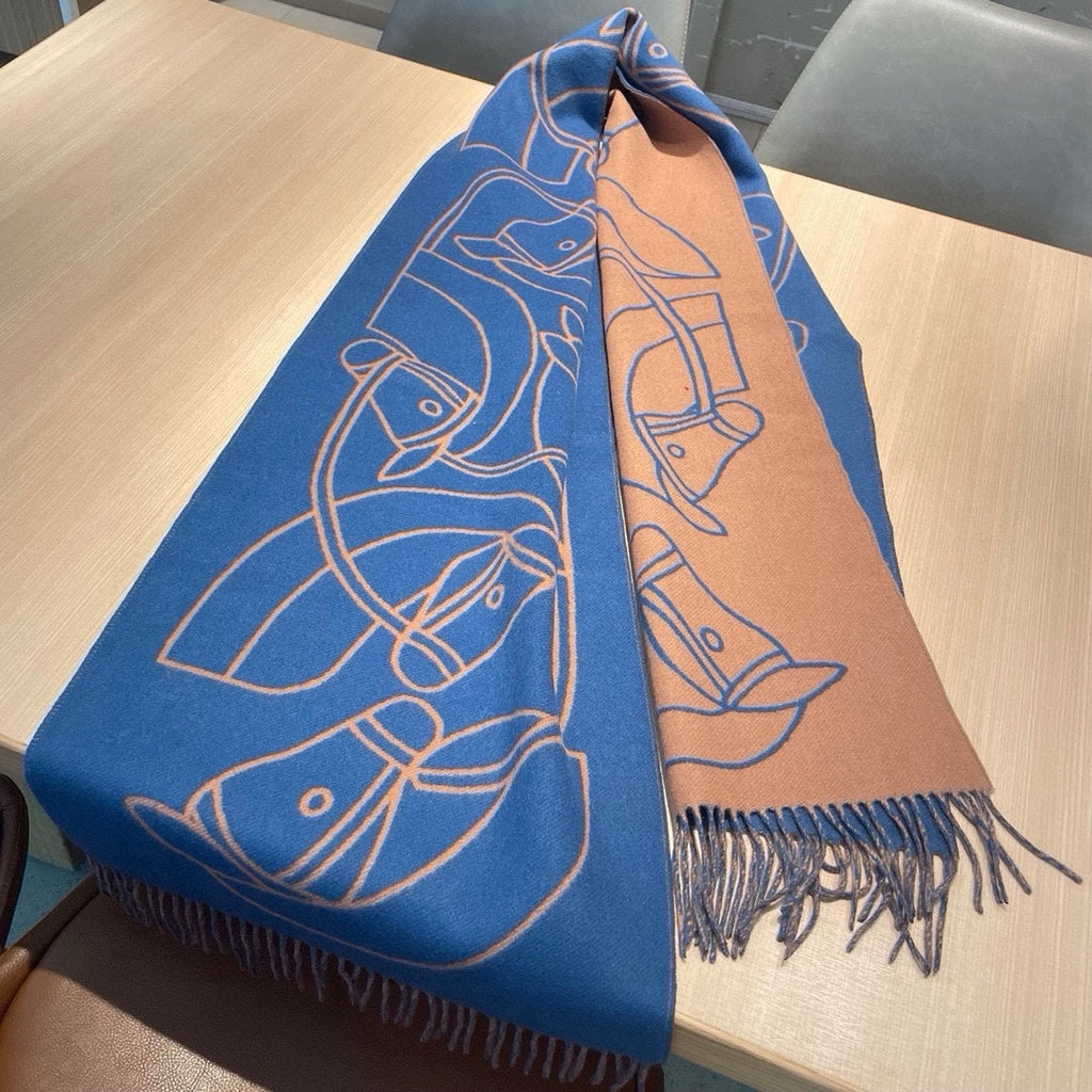 HERMES CASAQUE ENTRELACS EQUESTRES 190 CM SCARF IN AZURE BLUE CASERE