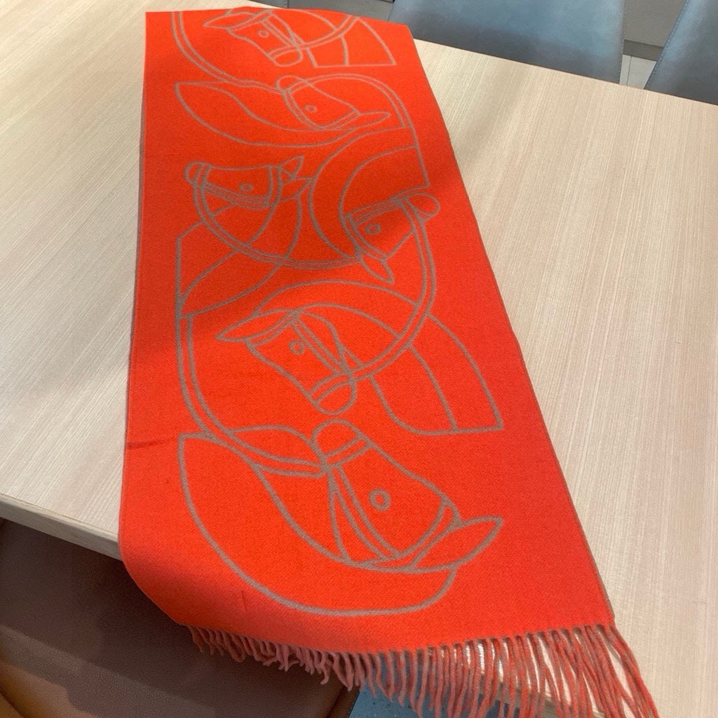 HERMES CASAQUE ENTRELACS EQUESTRES 190 CM SCARF IN ORANGE RED CASERE