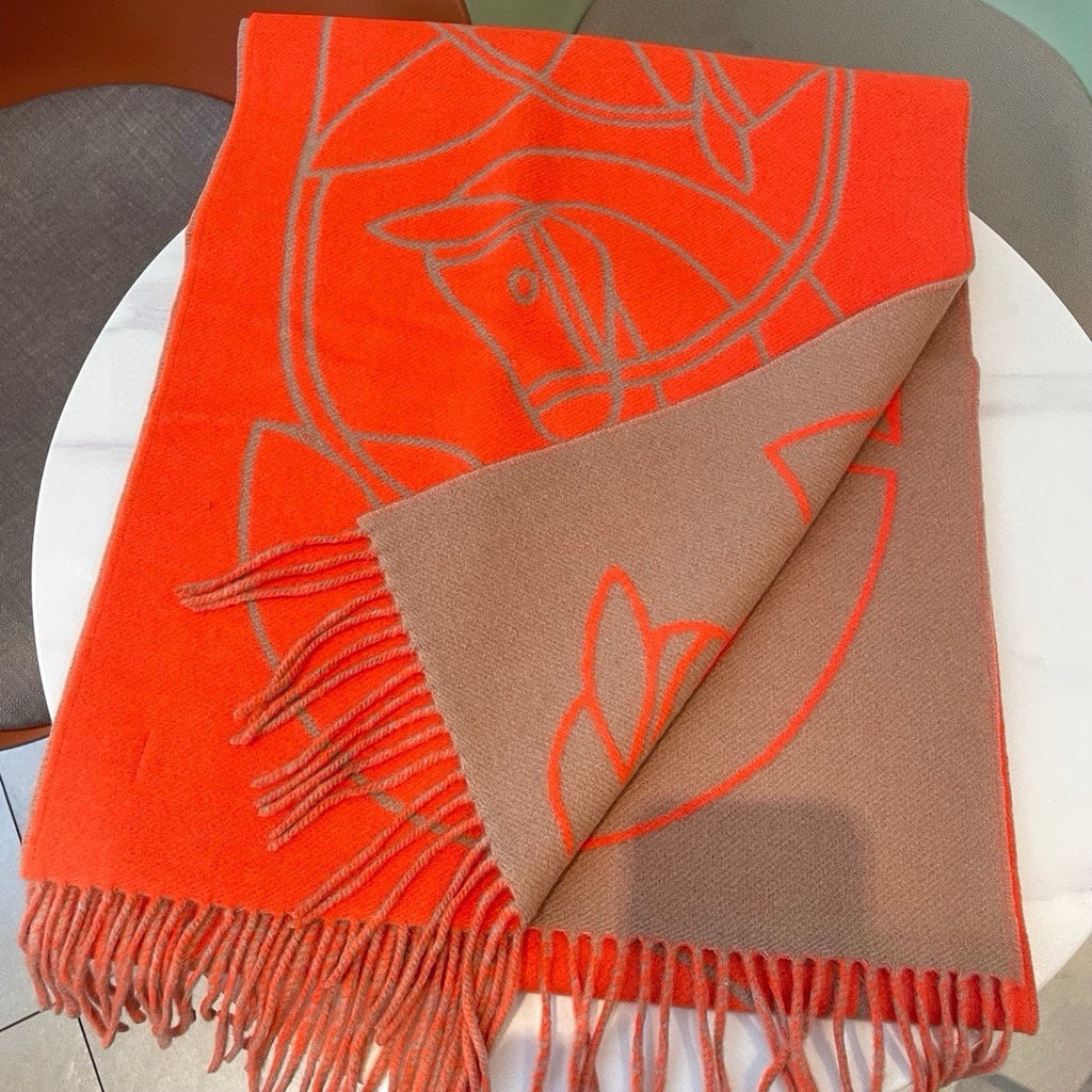 HERMES CASAQUE ENTRELACS EQUESTRES 190 CM SCARF IN ORANGE RED CASERE