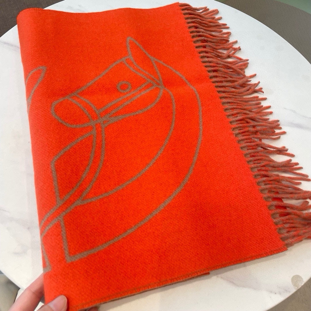 HERMES CASAQUE ENTRELACS EQUESTRES 190 CM SCARF IN ORANGE RED CASERE