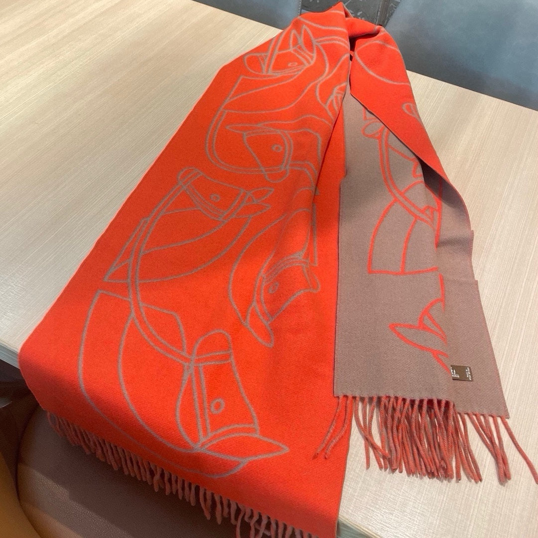 HERMES CASAQUE ENTRELACS EQUESTRES 190 CM SCARF IN ORANGE RED CASERE