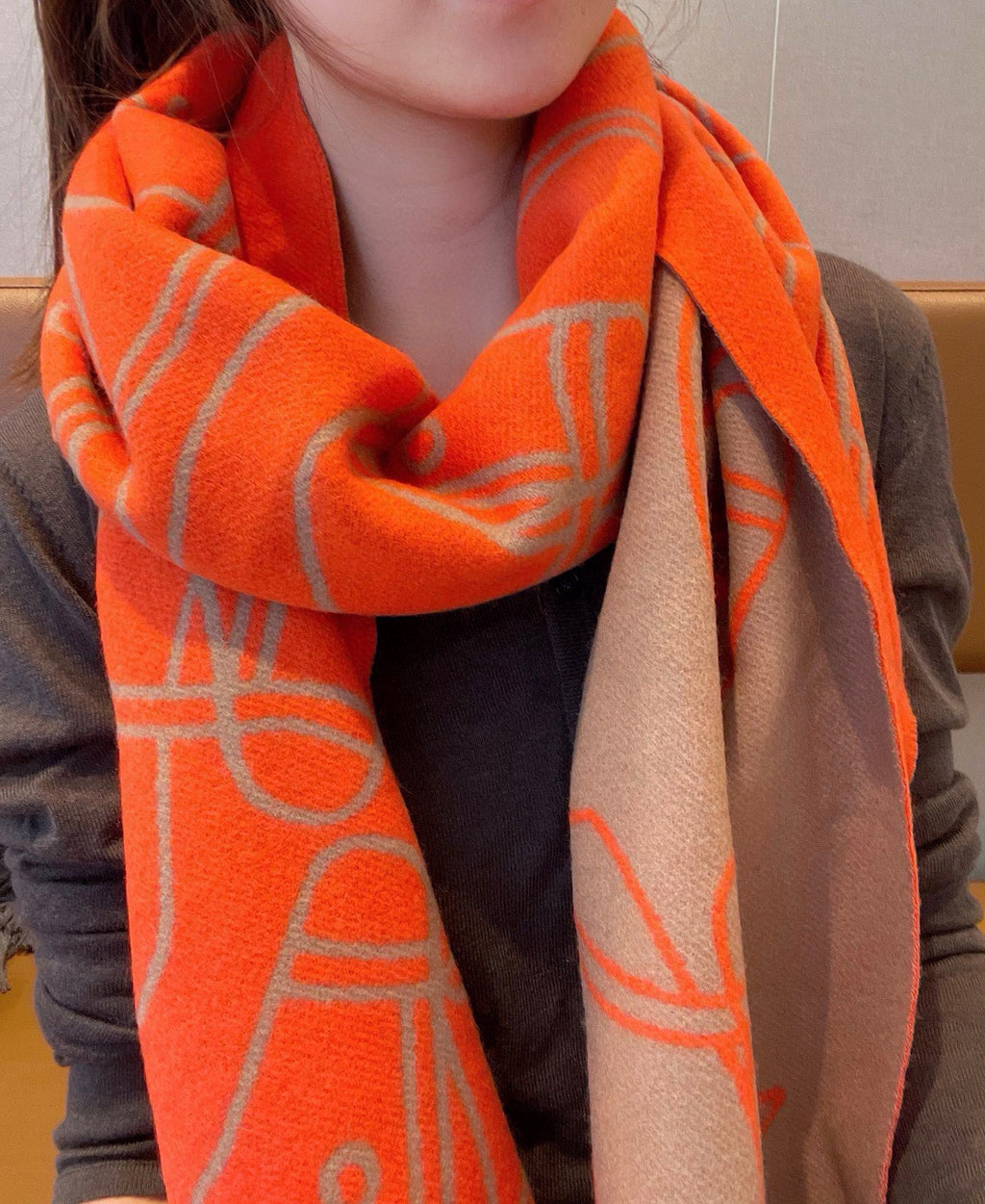 HERMES CASAQUE ENTRELACS EQUESTRES 190 CM SCARF IN ORANGE RED CASERE