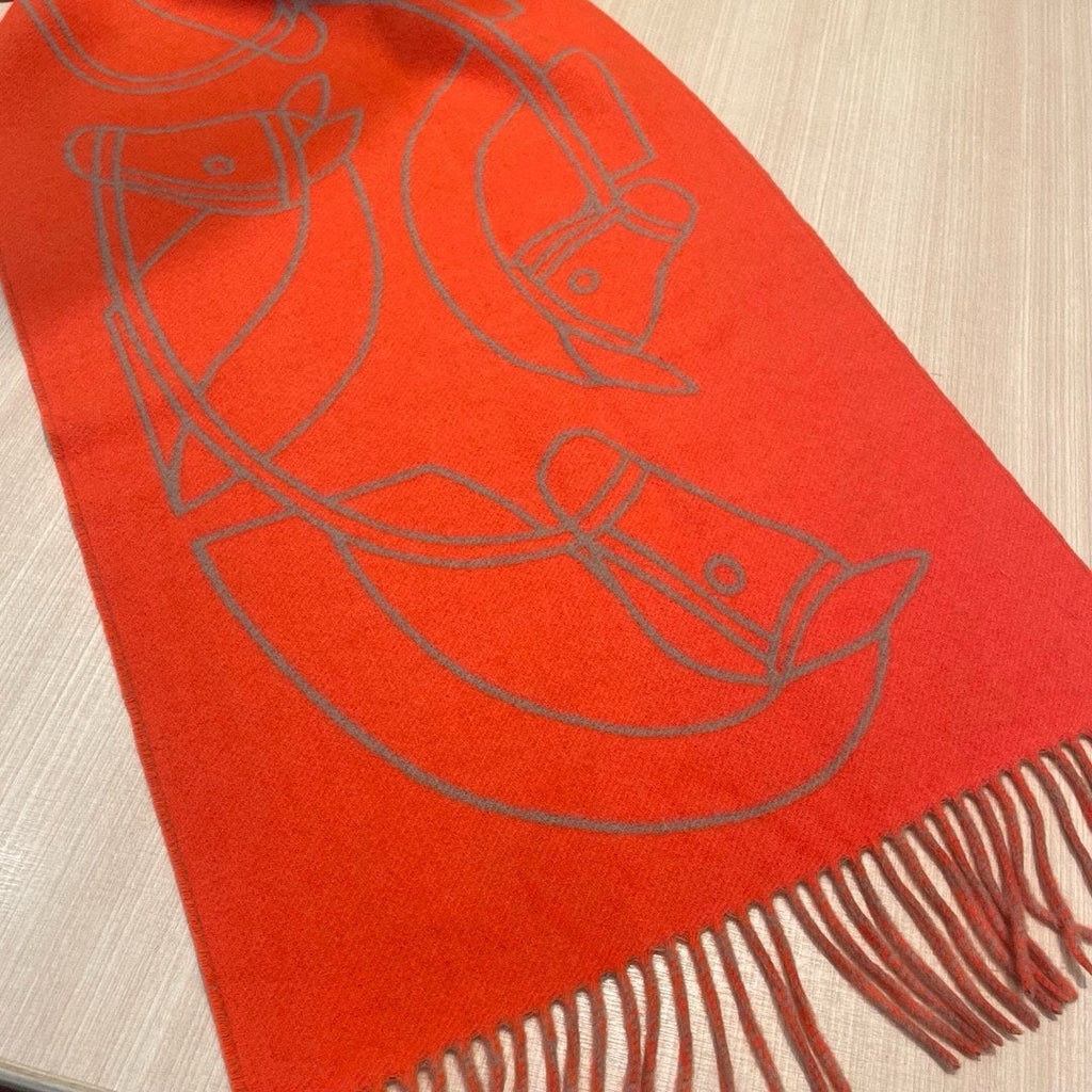 HERMES CASAQUE ENTRELACS EQUESTRES 190 CM SCARF IN ORANGE RED CASERE