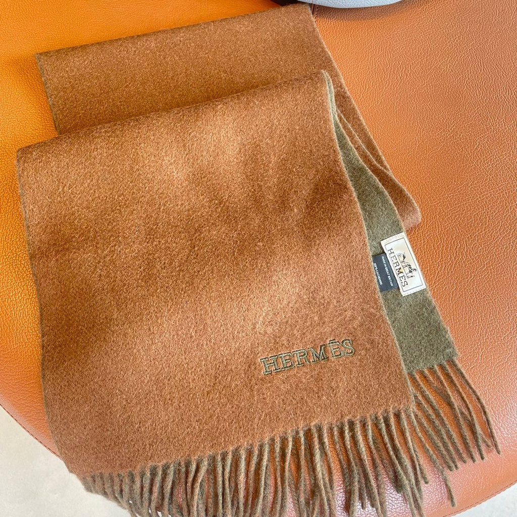 HERMES DOUBLE-FACE STOLE SCARF IN BURNT ORANGE MIX OLIVE GREEN CASERE 394462