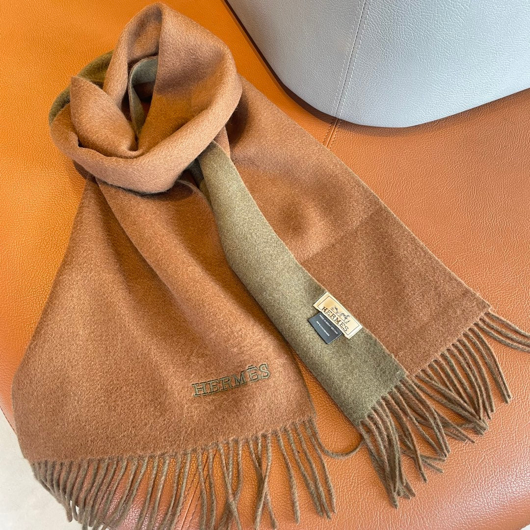 HERMES DOUBLE-FACE STOLE SCARF IN BURNT ORANGE MIX OLIVE GREEN CASERE 394462