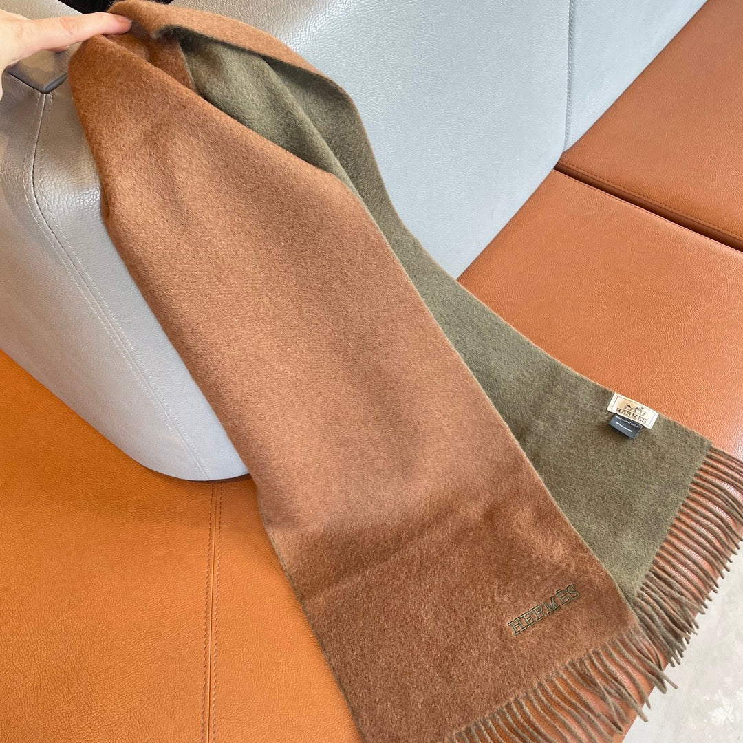 HERMES DOUBLE-FACE STOLE SCARF IN BURNT ORANGE MIX OLIVE GREEN CASERE 394462