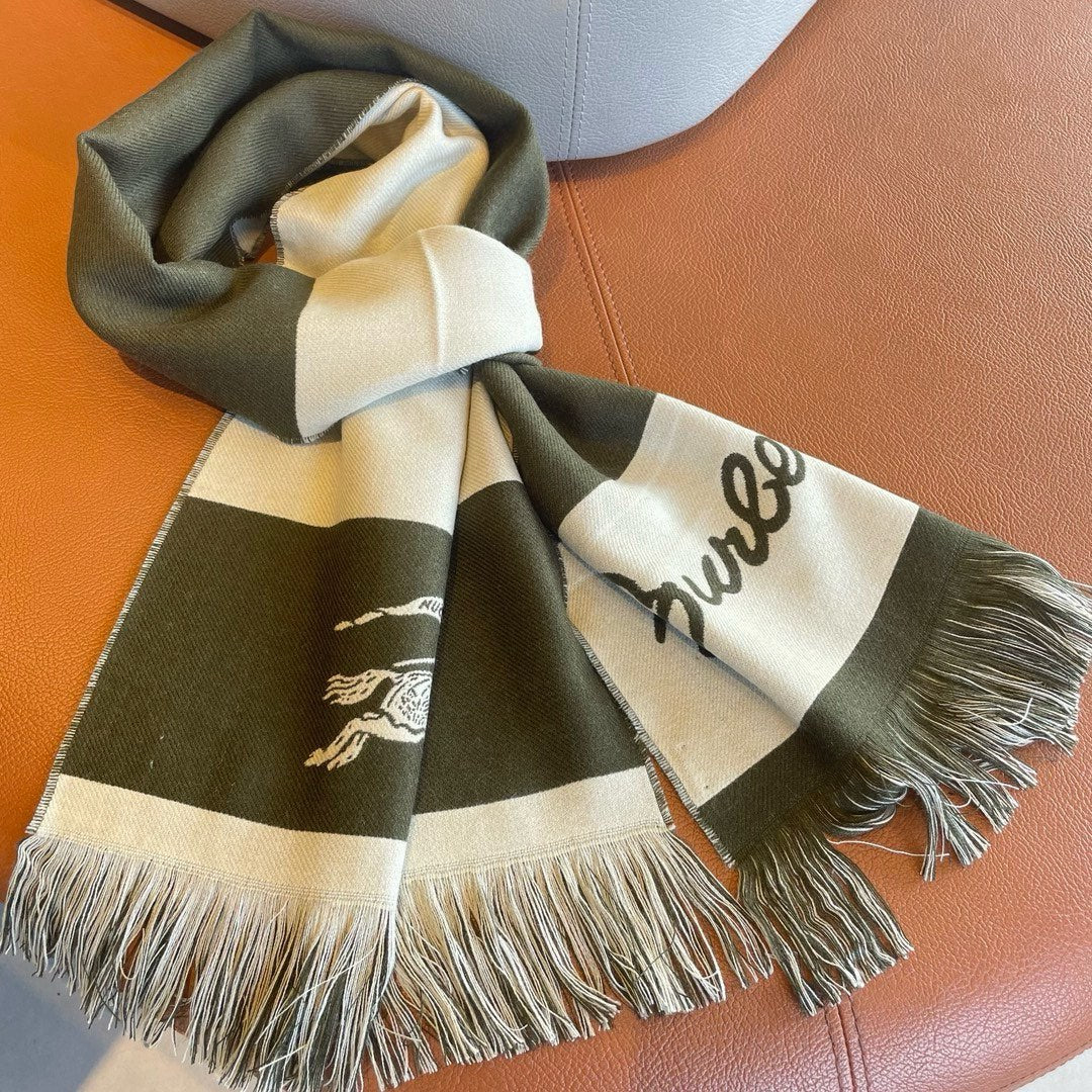 BURBERRY EKD LOGO SCARF 200 CM IN OLIVE GREEN MIX WHITE CASHMERE 396289