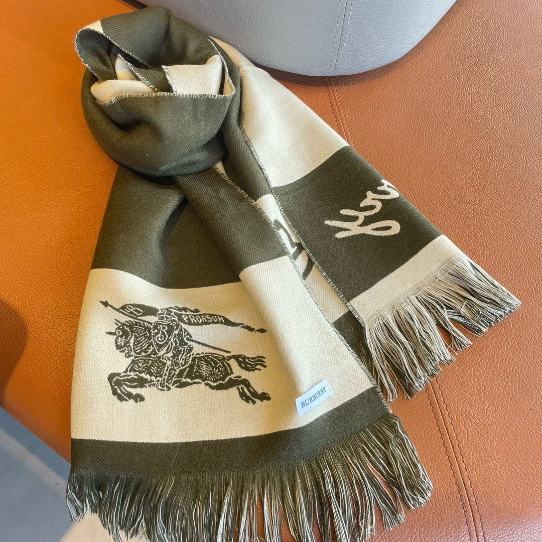 BURBERRY EKD LOGO SCARF 200 CM IN OLIVE GREEN MIX WHITE CASHMERE 396289