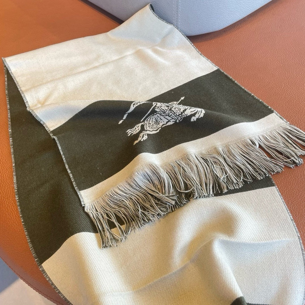 BURBERRY EKD LOGO SCARF 200 CM IN OLIVE GREEN MIX WHITE CASHMERE 396289