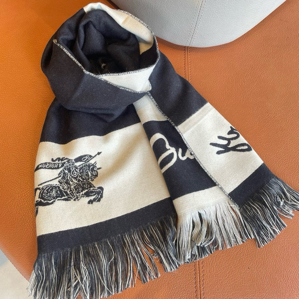 BURBERRY EKD LOGO SCARF 200 CM IN BLACK MIX WHITE CASHMERE 396290