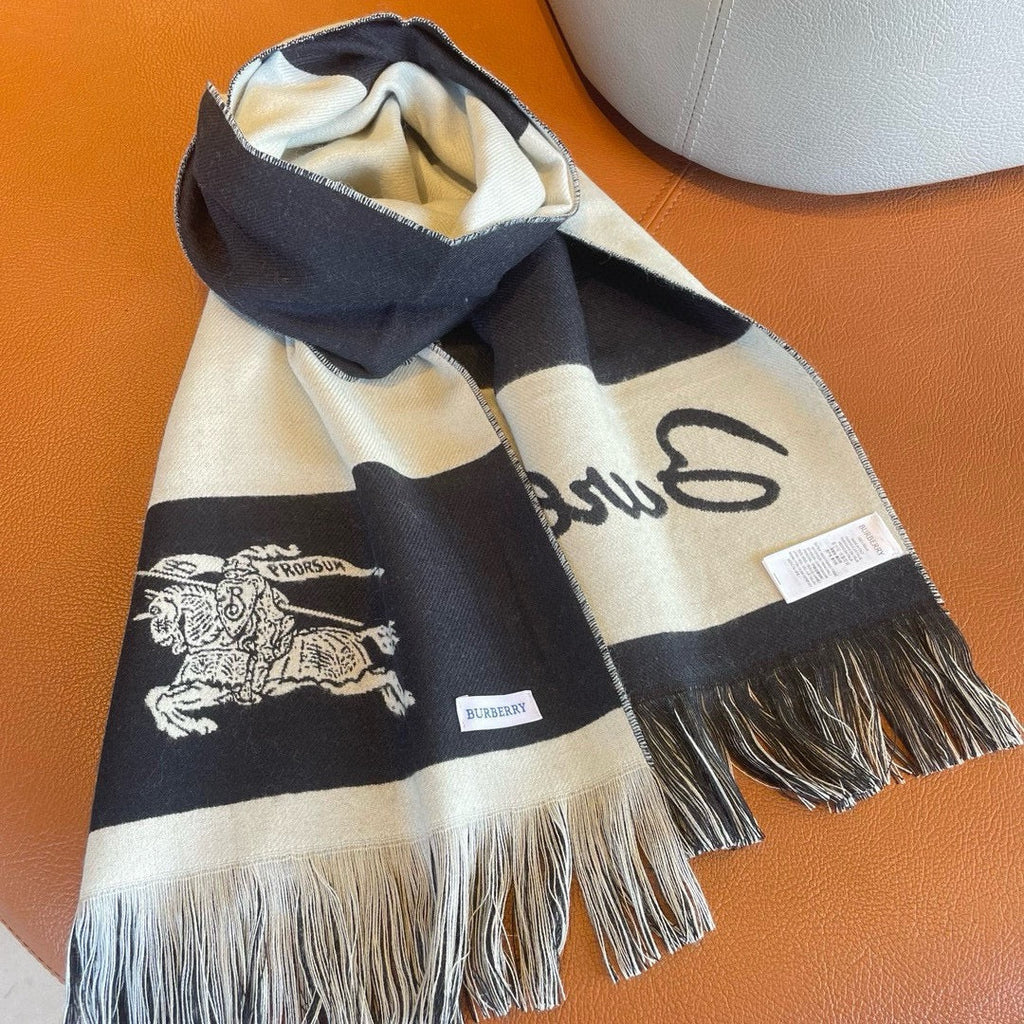 BURBERRY EKD LOGO SCARF 200 CM IN BLACK MIX WHITE CASHMERE 396290