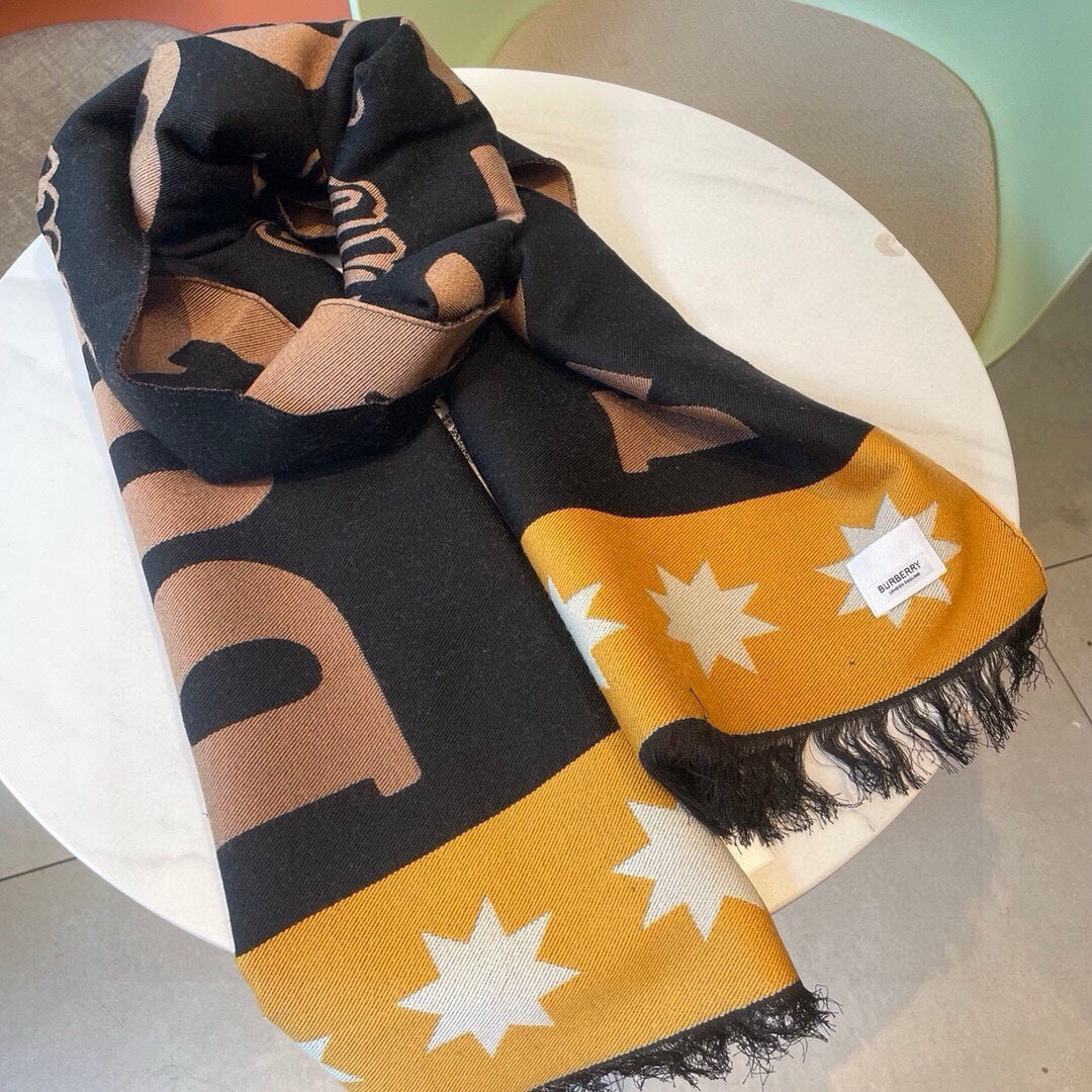 BURBERRY SCARF 200 CM IN BLACK MIX CAMEL BROWN CASHMERE 401904