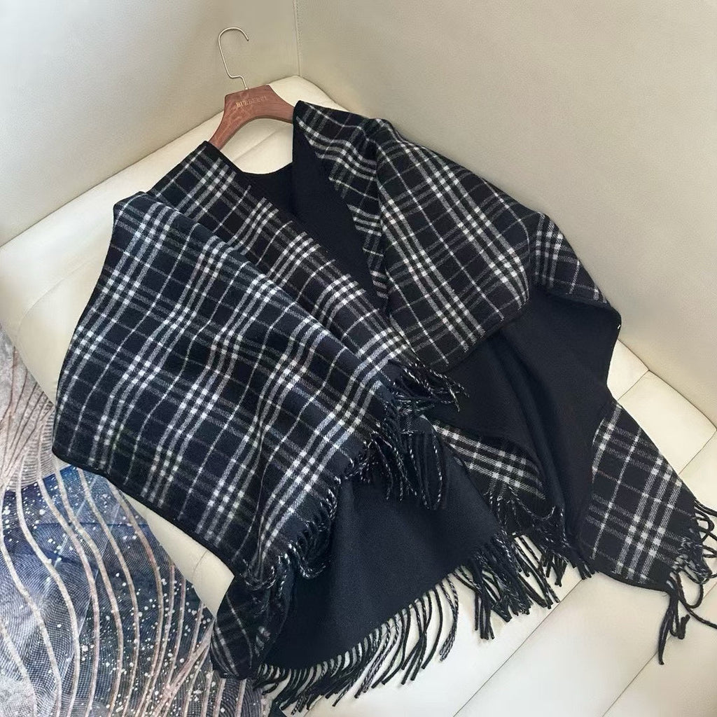 BURBERRY CHECK DOUBLE-SIDED CAPE 150 CM IN BLACK CASHMERE 401927