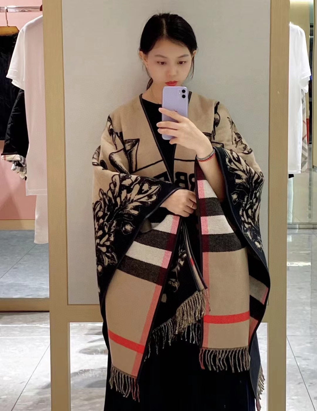 BURBERRY EQUESTRIAN KNIGHT WOOL CAPE 140 CM BEIGE MIX BLACK 403739