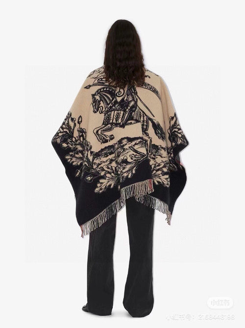 BURBERRY EQUESTRIAN KNIGHT WOOL CAPE 140 CM BEIGE MIX BLACK 403739