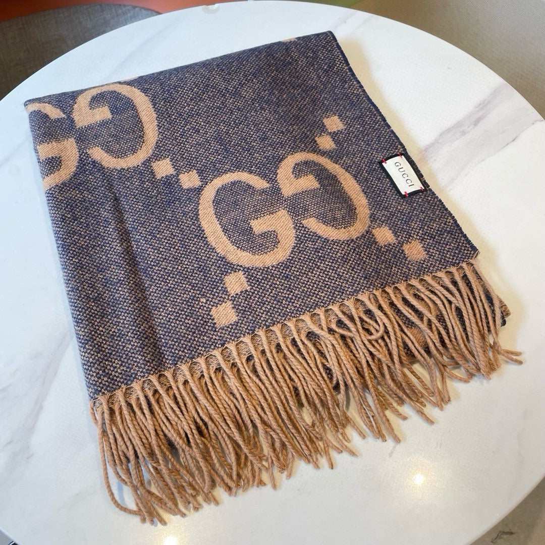 GUCCI JACQUARD PATTERN KNIT SCARF 195 CM WITH TASSELS PIGEON BLUE 403745