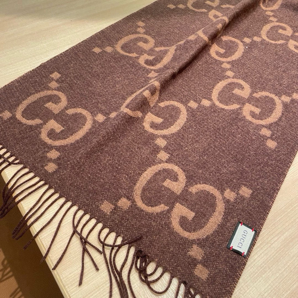 GUCCI JACQUARD PATTERN KNIT SCARF 195 CM WITH TASSELS CHESTNUT BROWN 403749