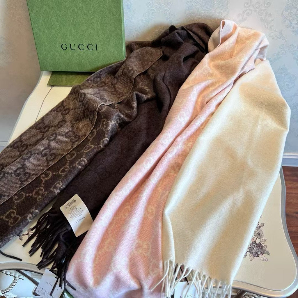 GUCCI SCARF 200 CM CHOCOLATE BROWN  CASHMERE JACQUARD 405133