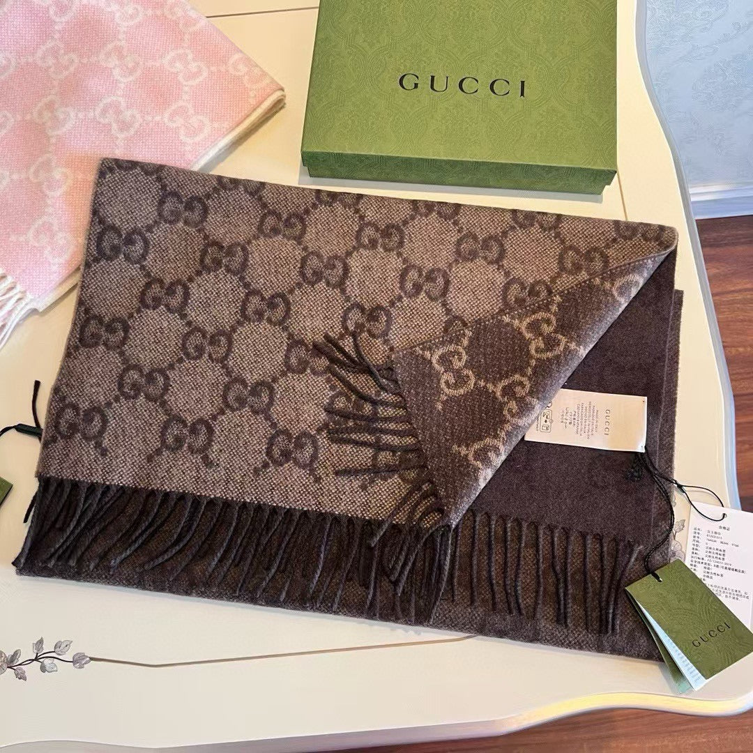 GUCCI SCARF 200 CM CHOCOLATE BROWN  CASHMERE JACQUARD 405133