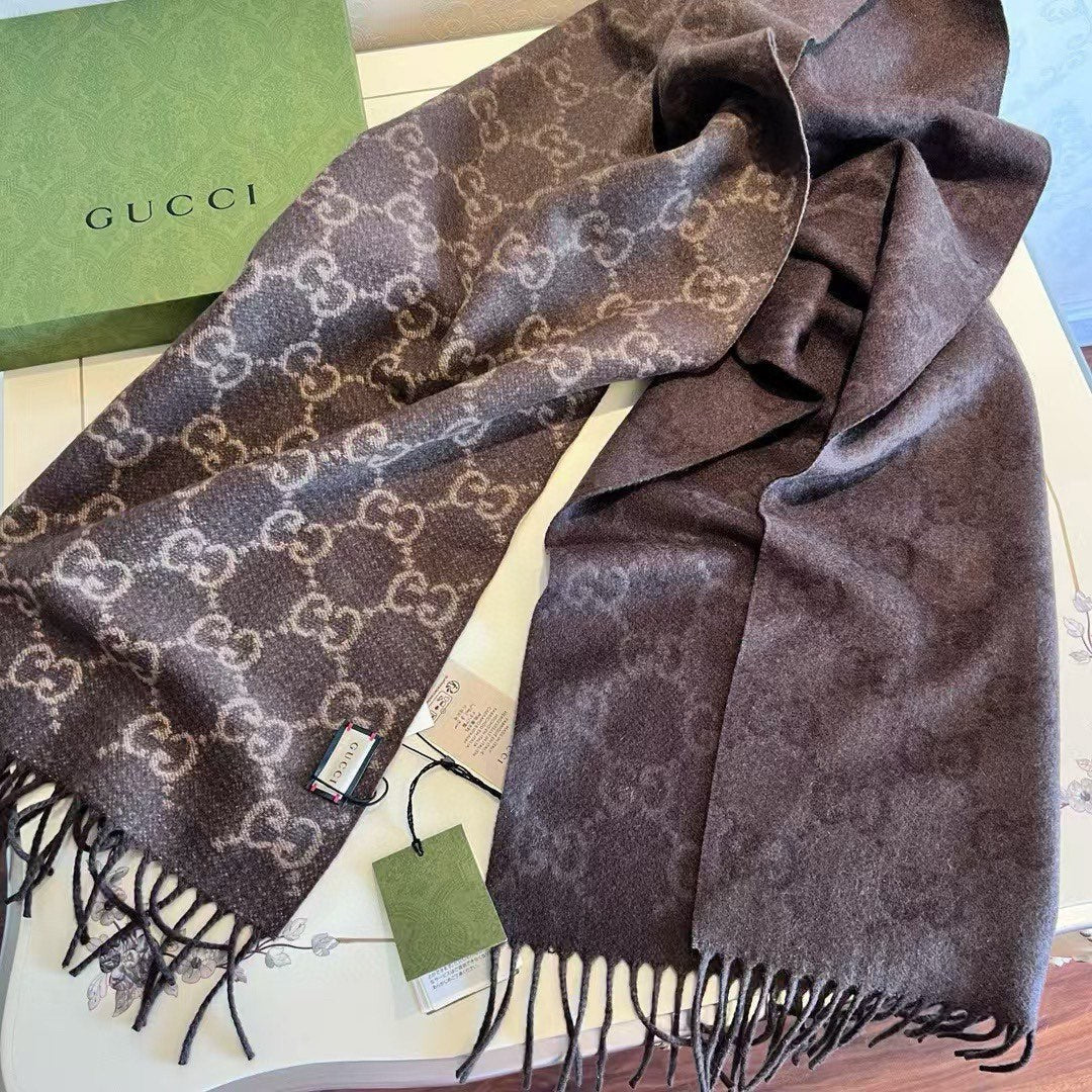 GUCCI SCARF 200 CM CHOCOLATE BROWN  CASHMERE JACQUARD 405133