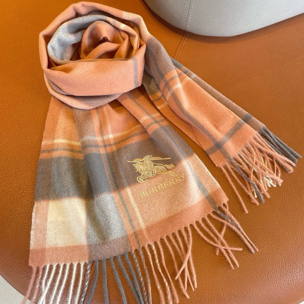 BURBERRY SCARF 180 CM IN CORAL ORANGE MIX BLACK WOOL 408569