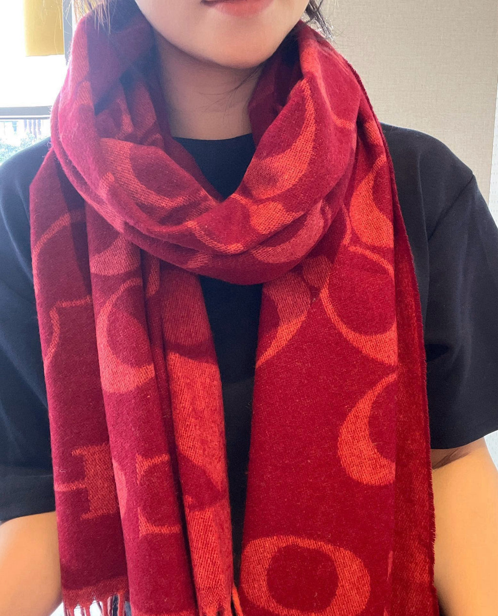 COACH CLASSIC MONOGRAM LOGO WOOL SCARF 195 CM GARNET RED 413629