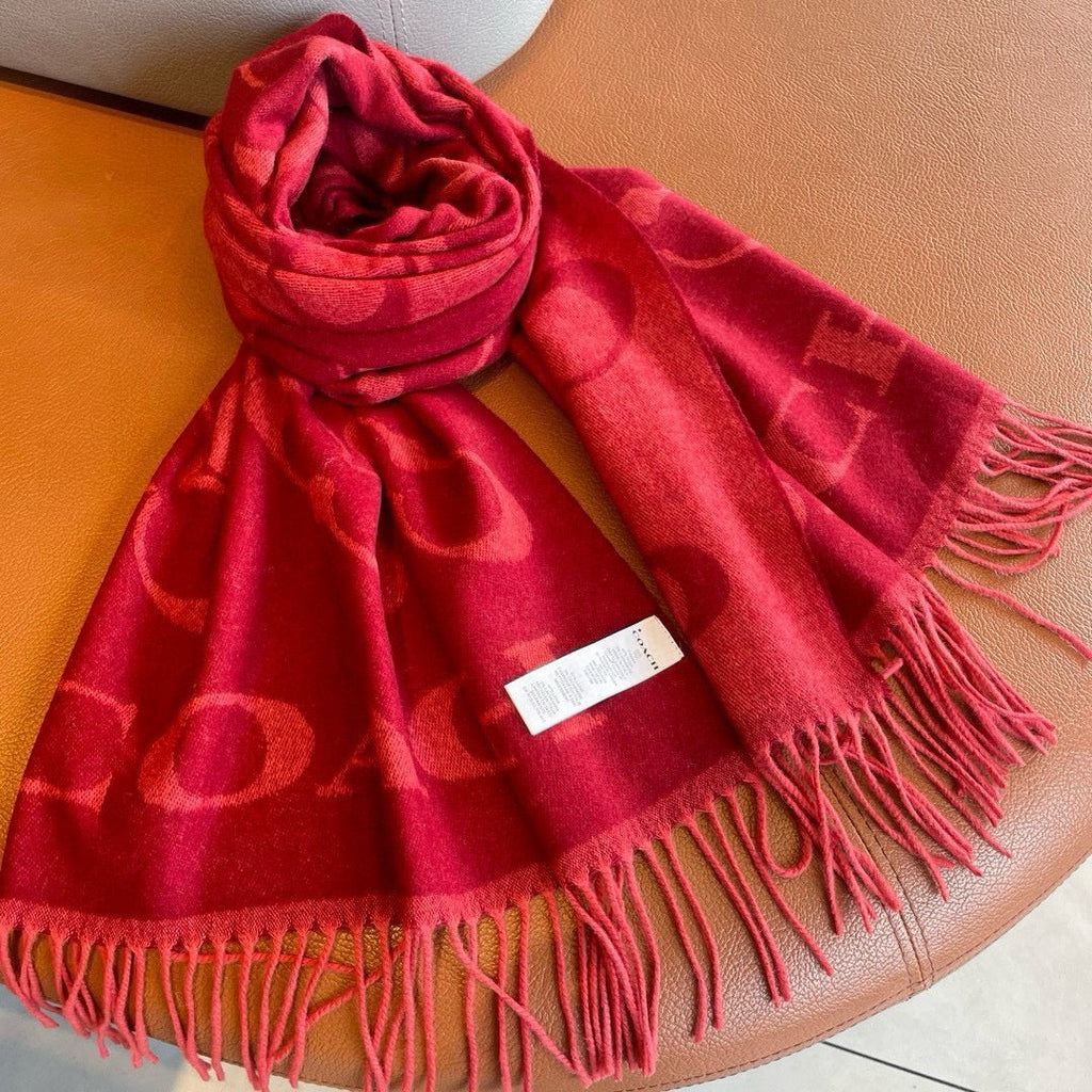 COACH CLASSIC MONOGRAM LOGO WOOL SCARF 195 CM GARNET RED 413629
