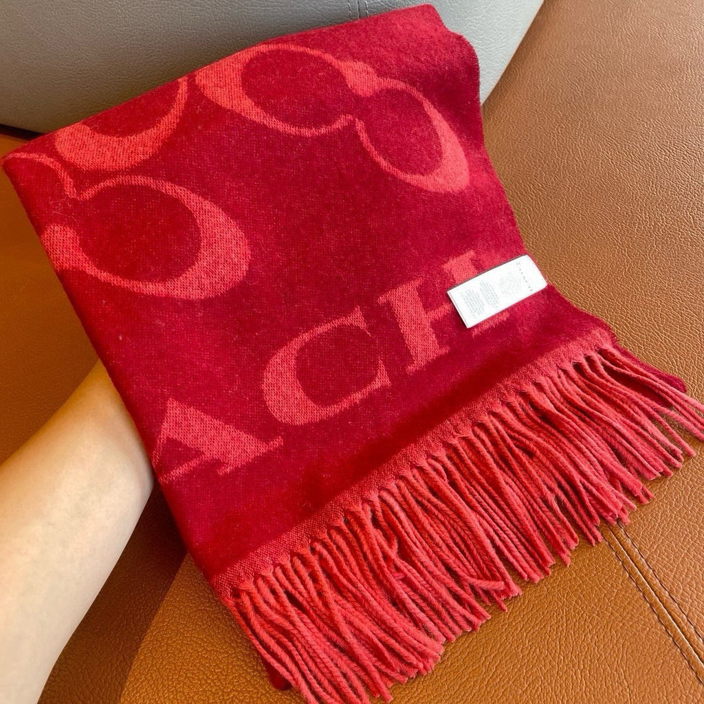COACH CLASSIC MONOGRAM LOGO WOOL SCARF 195 CM GARNET RED 413629