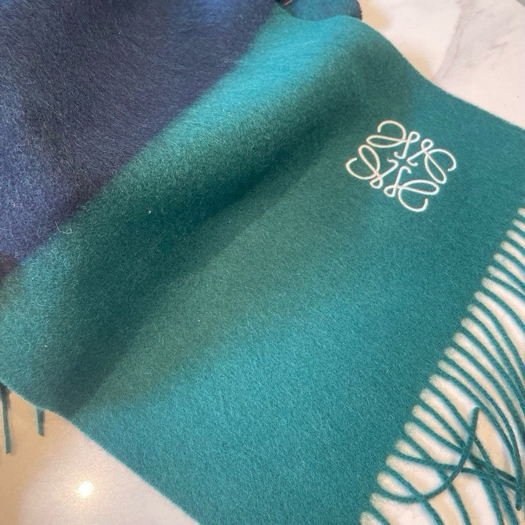 LOEWE SCARF 180 CM IN TEAL GREEN MIX NAVY BLUE WOOL AND CASHMERE  415204