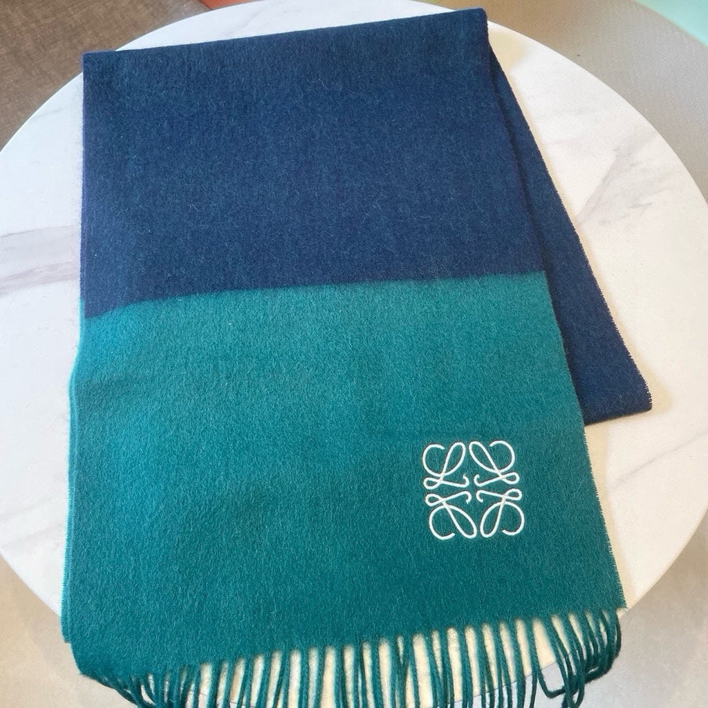 LOEWE SCARF 180 CM IN TEAL GREEN MIX NAVY BLUE WOOL AND CASHMERE  415204
