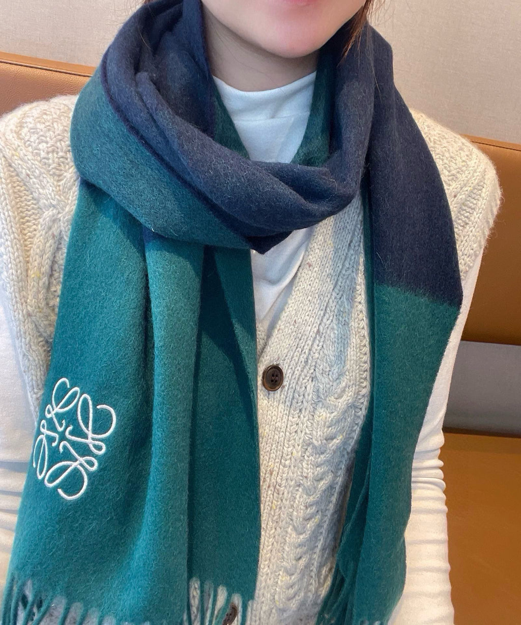 LOEWE SCARF 180 CM IN TEAL GREEN MIX NAVY BLUE WOOL AND CASHMERE  415204