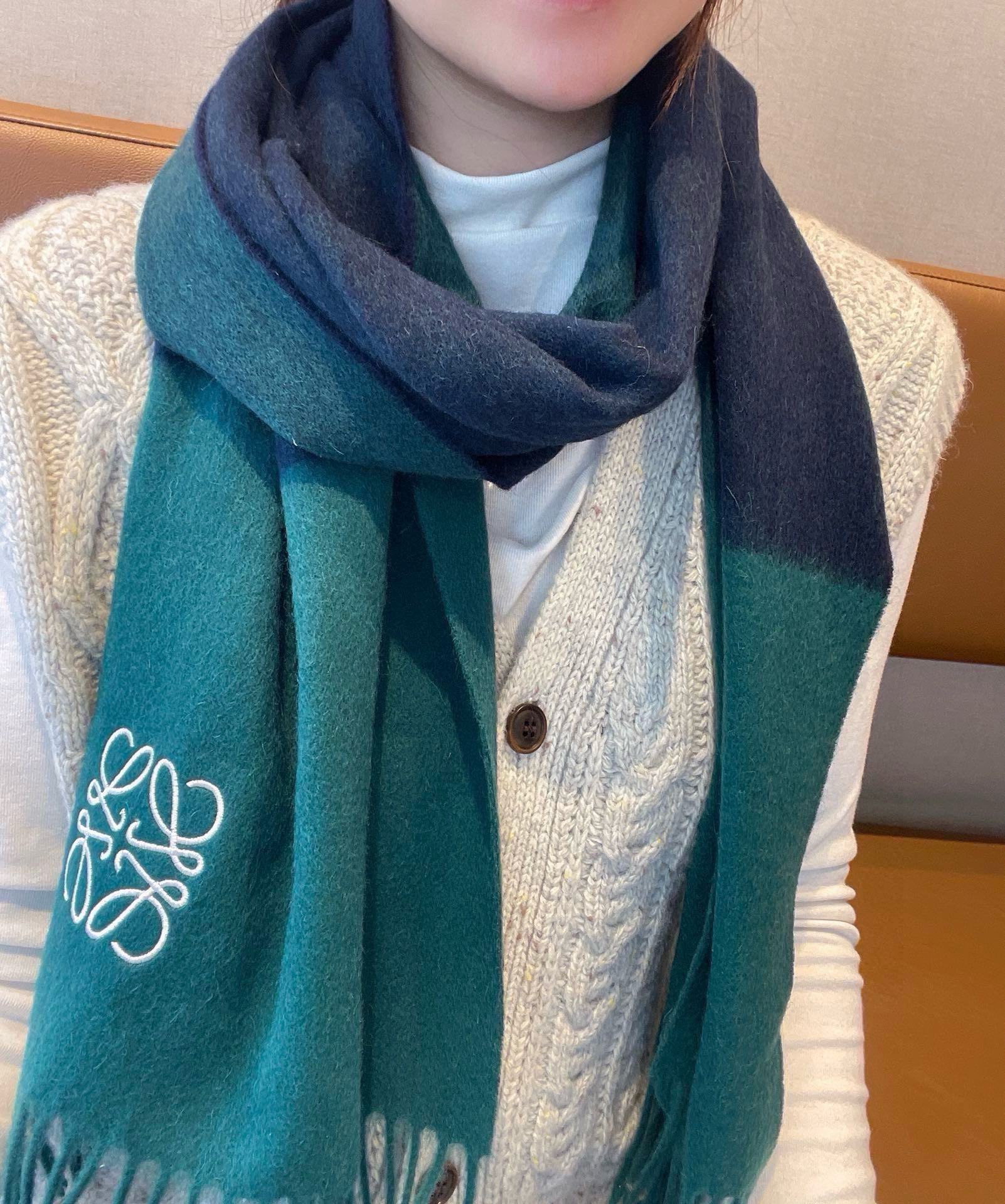 LOEWE SCARF 180 CM IN TEAL GREEN MIX NAVY BLUE WOOL AND CASHMERE  415204