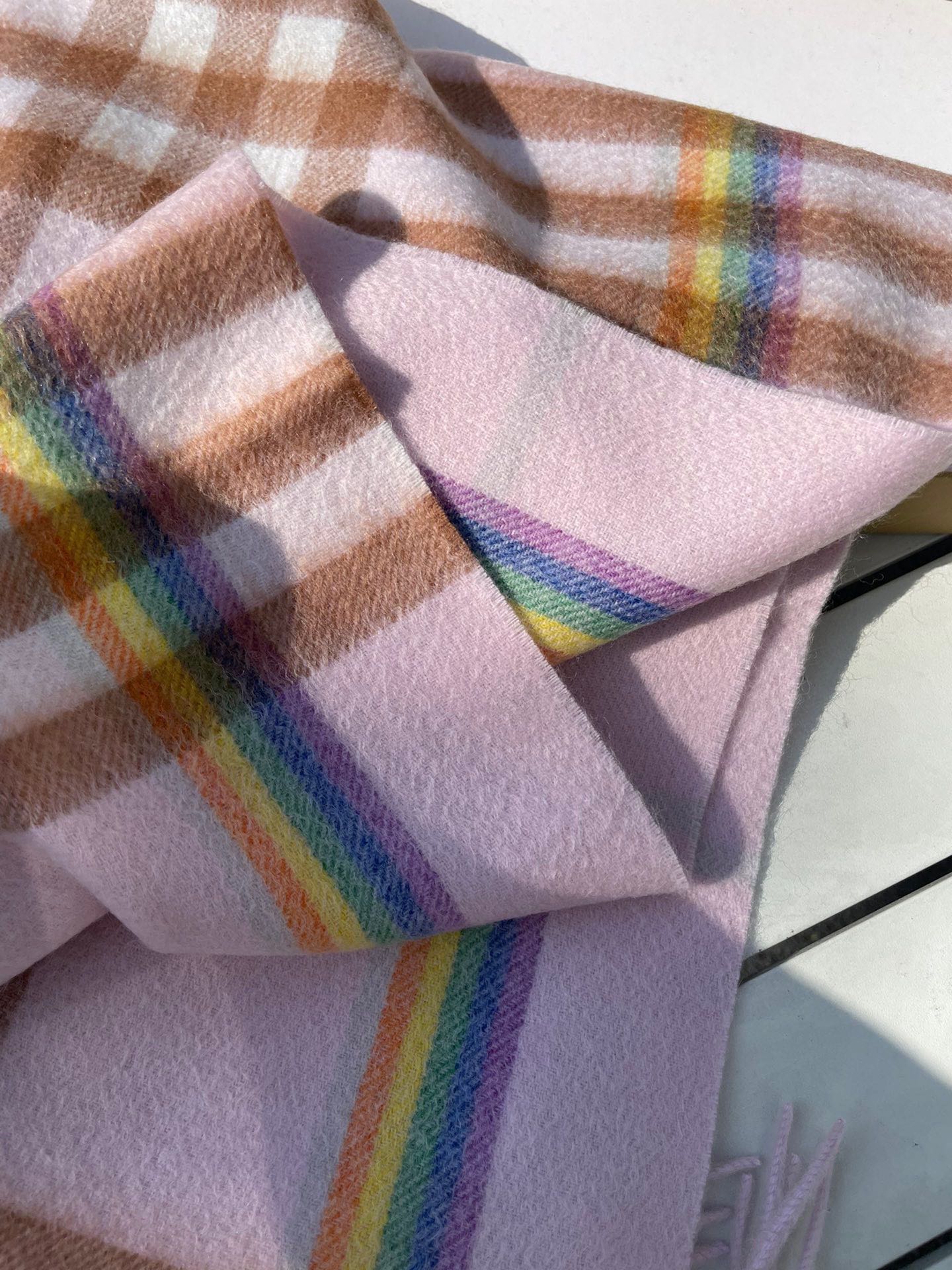 BURBERRY CHECK SCARF 200 CM IN LIGHT PINK MIX CAMEL BROWN CASHMERE 394750