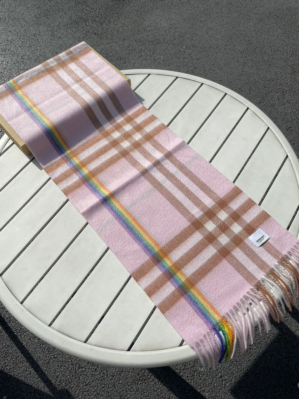 BURBERRY CHECK SCARF 200 CM IN LIGHT PINK MIX CAMEL BROWN CASHMERE 394750