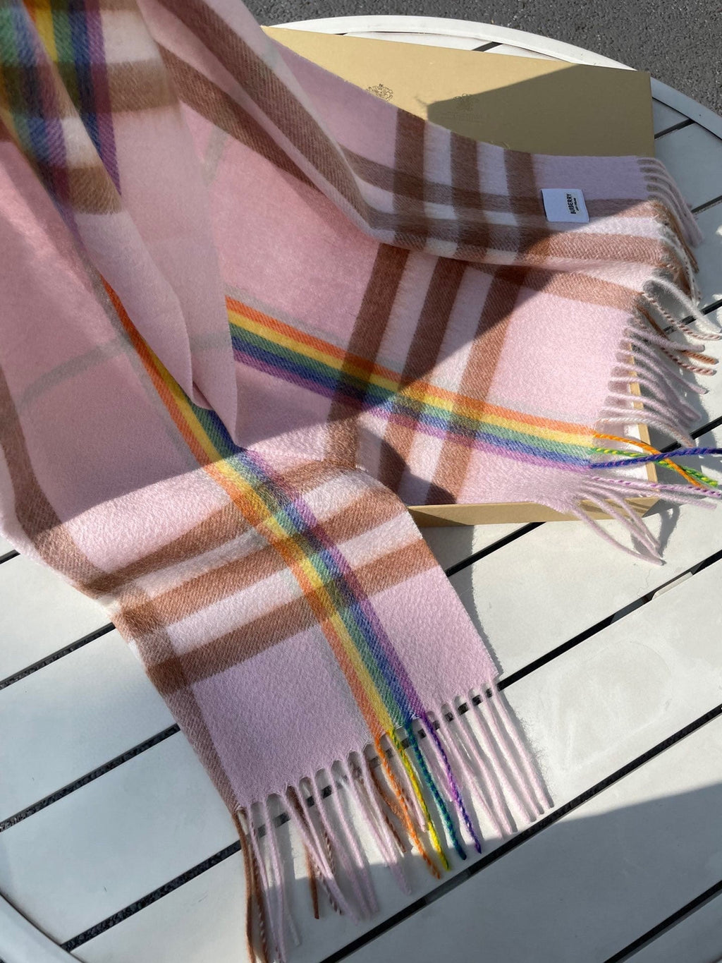 BURBERRY CHECK SCARF 200 CM IN LIGHT PINK MIX CAMEL BROWN CASHMERE 394750